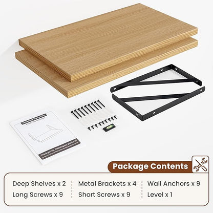 Deep Wall Shelves 24"W x 12"D Engineered Wood Floating Shelves for Wall, Sturdy Metal Bracket Bookshelves Home Decor Storage for Living Room Bedroom Bathroom Kitchen, Set of 2, Oak Finish
