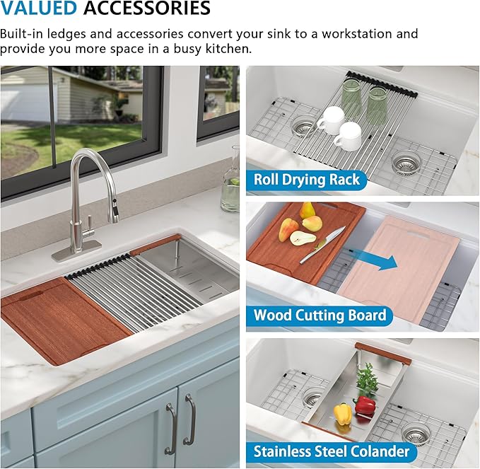 33 Granite Composite Kitchen Sink Double Bowl - Fulorni 33"x19" Granite Kitchen Sink Ledge Workstation White Undermount Double Bowl 50/50 Quartz Classic Under Counter Basin