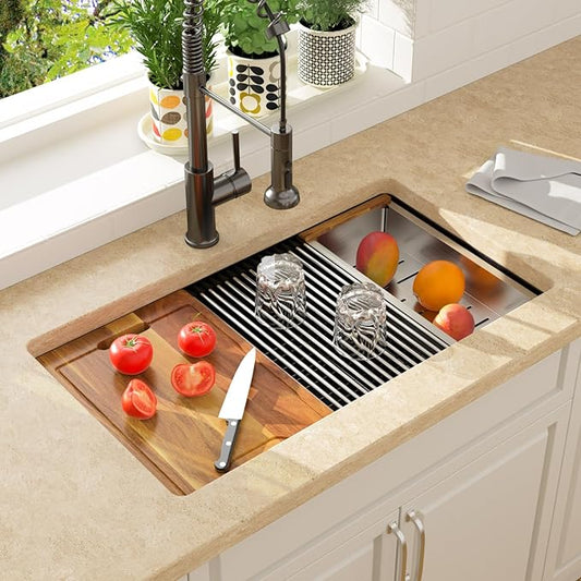 Lordear 32 Inch Black Granite Composite Kitchen Sink 32x19 Inch Workstation Quartz Undermount Kitchen Sinks Under Counter Single Bowl