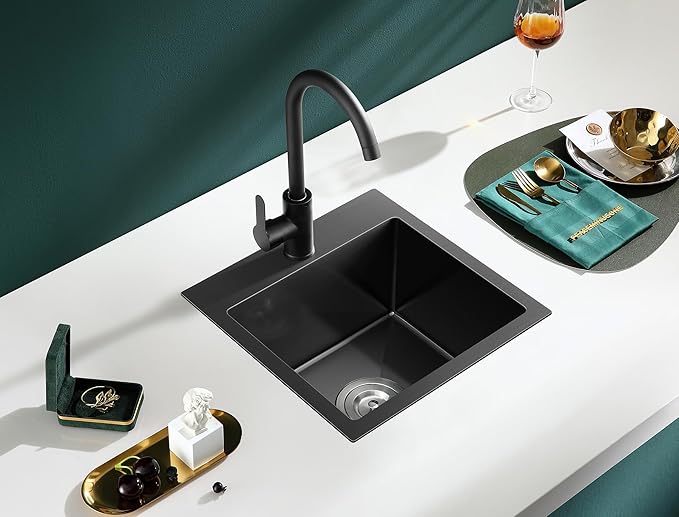 MENATT 18" x 18" Single Bowl Drop In Kitchen Sink, 18 Gauge 304 Stainless Steel Handmade Bar Sink Single Faucet Hole Topmount Kitchen Sink,Black