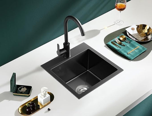 MENATT 18" x 18" Single Bowl Drop In Kitchen Sink, 18 Gauge 304 Stainless Steel Handmade Bar Sink Single Faucet Hole Topmount Kitchen Sink,Black