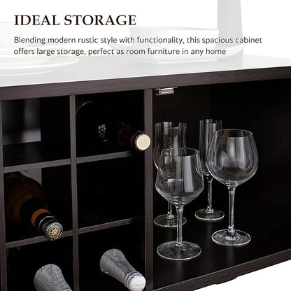 Furniture of America Clyton Modern Kitchen Buffet Storage Cabinet with Doors and Shelves, Wood Sideboard Table, Coffee Bars & 9 Grid Wine Rack, for Dining, Living Room, Dark Espresso