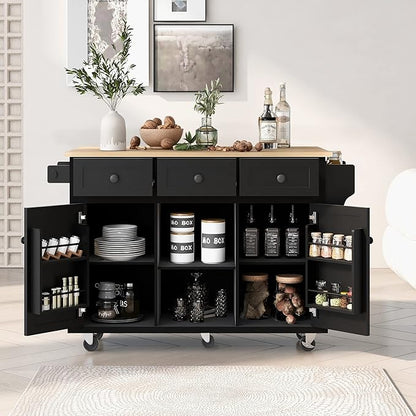 Ball & Cast Kitchen Island Cart with Rubber Wood Drop-Leaf Countertop,Cabinet Door Internal Storage Racks,Kitchen Island on 5 Wheels W/Storage Cabinet and 3 Drawers for Dinning Room,Black,53"
