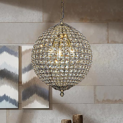 ALOADECOR 3-Light 16" Retro Antique Gold Crystal Globe Chandelier Sphere Cage-Style Shade Pendant Light for Kitchen Isl and Dining Room