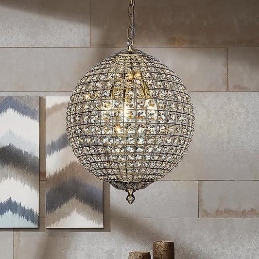 ALOADECOR 3-Light 16" Retro Antique Gold Crystal Globe Chandelier Sphere Cage-Style Shade Pendant Light for Kitchen Isl and Dining Room