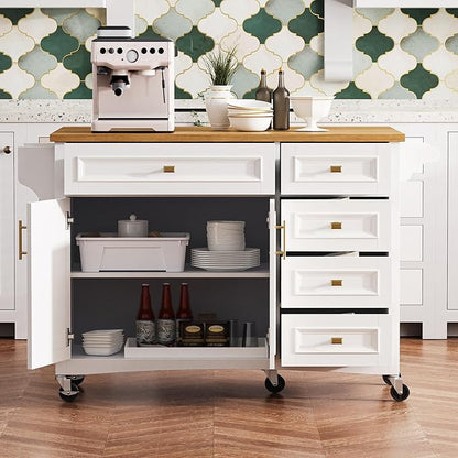 Kitchen Island with Drop Leaf, Embossed Texture Kitchen Island on Wheels with Spice Rack,Towel Rack, 2 Doors and 5 Drawers, Kitchen Storage Cart with Adjustable Shelf for Kitchen (White@093)