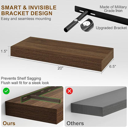 Fun Memories Floating Shelves for Wall, 20 Inch Floating Shelves Set of 2, Hanging Shelf with Invisible Brackets, Wood Shelves for Living Room, Bedroom, Kitchen, Walnut