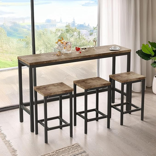 Merax Modern Design 4-Piece Counter Height Extra Long Dining Table Set with 3 Stools and Side Table with Footrest,Space-Saving Pub Kitchen Set,Easy Assembly,Natural
