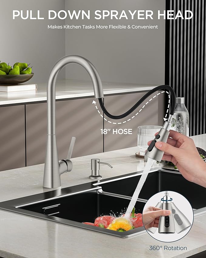 FORIOUS Kitchen Faucet with Pull Down Sprayer, Brushed Nickel, Classic High Arc Stainless Steel Faucet for Kitchen Sink, Single Handle for 1 or 3 Hole Decks for RV Bar Farmhouse Laundry Camper