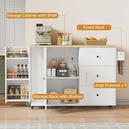 IRONCK Kitchen Island with Storage, 47.2in Rolling Island on Wheels, Kitchen Cart with Drop Leaf, 3 Spacious Drawers, Storage Cabinets and Towel Rack for Home, Dining Room