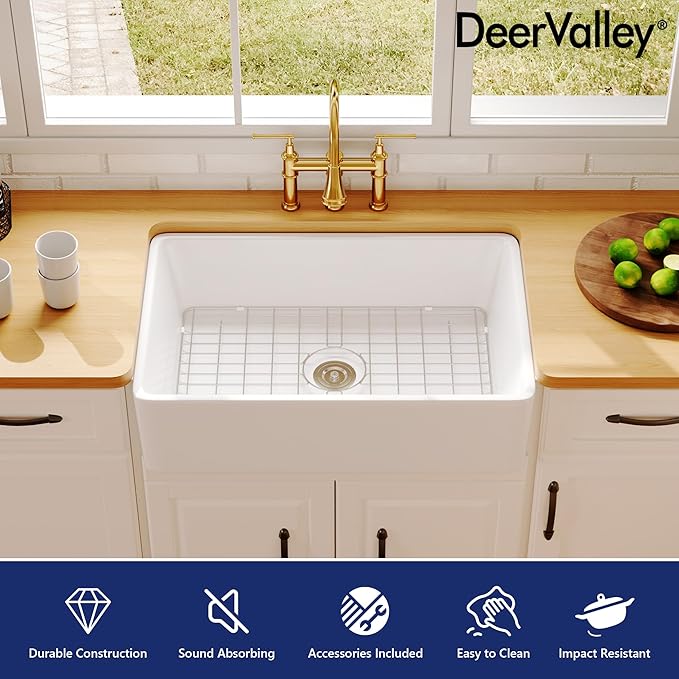 DeerValley Farmhouse Kitchen Sink 33 Inch, Fireclay White Undermount Kitchen Sink, Ceramic Apron-Front Deep Single Bowl with Stainless Steel Grid & Drain
