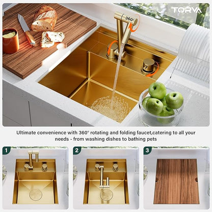 TORVA Gold RV Sink, 15x18x9 Inch Drop-in Bar Sink, 16 Gauge Stainless Steel Single Bowl Kitchen Sink with Nano Coating, Durable & Rustproof RV Sink for Camper Van and Motorhome