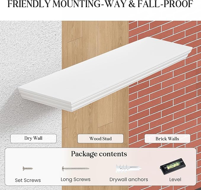 Fun Memories Floating Shelves 36 Inch Long, 9.3 Inch Deep Classic Crown Molding Floating Shelves for Wall, Rustic Wooden Shelves for Wall Decor Bathroom, Kitchen, Office, (White, 2Pack)
