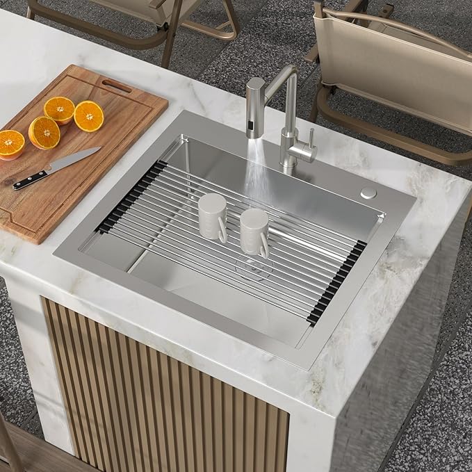 Kichae 25 Outdoor Kitchen Sink Drop In - 25" x 22" Stainless Steel Drop Sink 16 Gauge with Cover for Small Outdoor Kitchens, Bar Prep, and RV Use