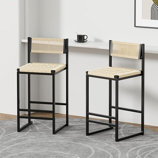 Set of 2 Woven Bar Stools with Backrest Paper Rope Weave Dining Chairs for Kitchen Island (Style B Black Creamy White)