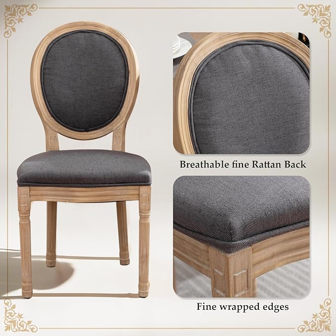 SoarFlash Linen French Dining Chairs Set of 2, Vantage Dining Chair with Round Back, Wood Leg Farmhouse Country Dining Chair for Living Room,Kitchen,Bedroom,Deep Grey