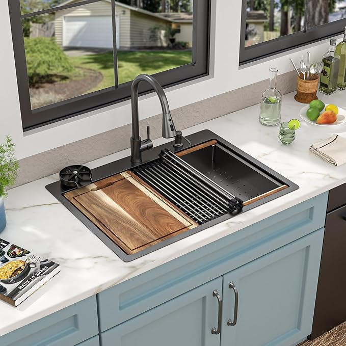 28"x22" Drop In Kitchen Sink Ledge Workstation – Gunmetal Black NANO-PVD, 16 Gauge 304 Stainless Steel Top Mount Single Bowl Sink Basin with Faucet Combo & Glass Rinser
