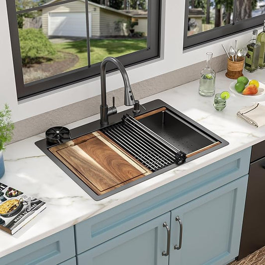 30"x22" Drop In Kitchen Sink Ledge Workstation – Gunmetal Black NANO-PVD, 16 Gauge 304 Stainless Steel Top Mount Single Bowl Sink Basin with Faucet Combo & Glass Rinser