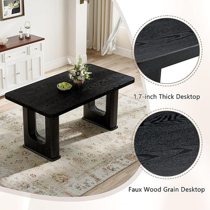 64.5 x 35.4 Inch Modern Black Wood Textured Dining Table with Glass Accent, MDF Top, Anti-Slip Feet for Kitchen, Studio, Family Gatherings