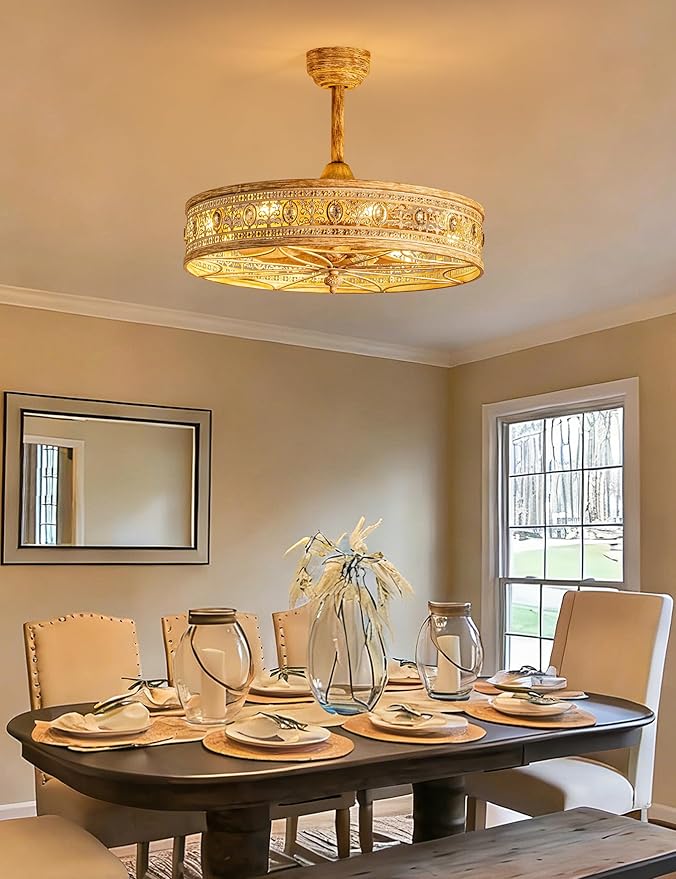24 Inch Chandelier Ceiling Fan with Light,24" Rustic Farmhouse Caged Bladeless Fandelier,Enclosed Cottage Country Cabin Crystal Light Fixture,Hanging/Flush Mount for Bedroom,Dining Room,Living Room