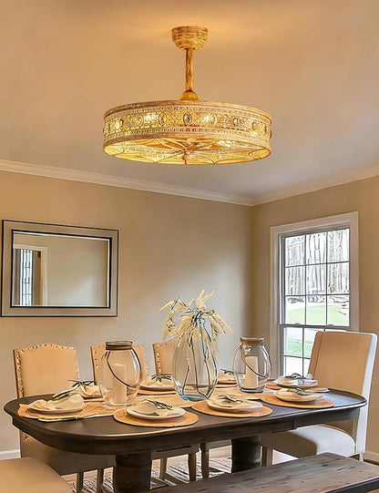 24 Inch Chandelier Ceiling Fan with Light,24" Rustic Farmhouse Caged Bladeless Fandelier,Enclosed Cottage Country Cabin Crystal Light Fixture,Hanging/Flush Mount for Bedroom,Dining Room,Living Room