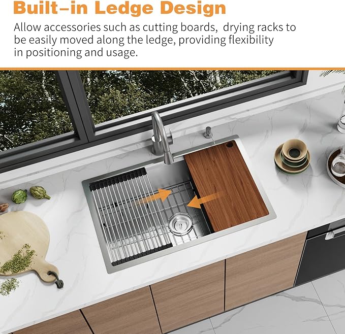 Kitchen Sink Workstation,30 x 19 Inch Stainless Steel Undermount Single Bowl Kitchen Sink Built-in Ledge Drop In Workstation Sink Nice For Placing/Sliding Accessories-Cutting Board,Drying Rack ...