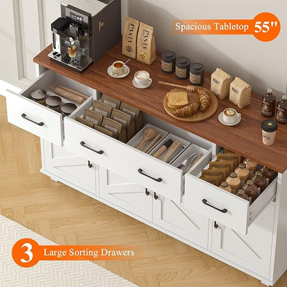 VVFLU 55" Sideboard Buffet Cabinet with Storage, Coffee Bar Cabinet with 3 Drawers and 4 Barn Doors, Long Storage Cabinet Modern Farmhouse, White Wood, for Kitchen, Dining Room, Living Room
