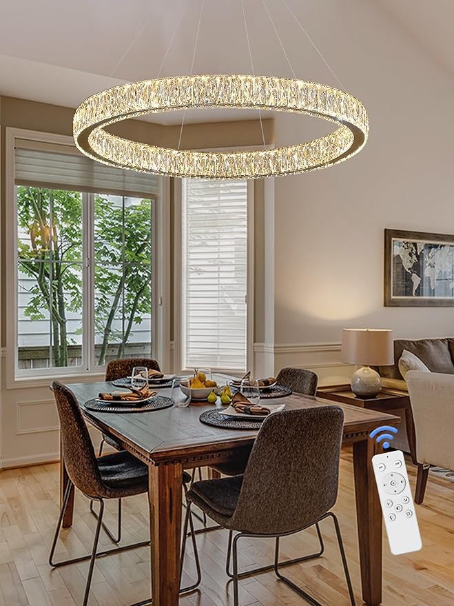 Modern LED Dimmable Crystal Chandelier 39.4" Ring Pendant Light Adjustable Gold Round Crystal Chandelier Light Fixtures for Dining Room Living Room