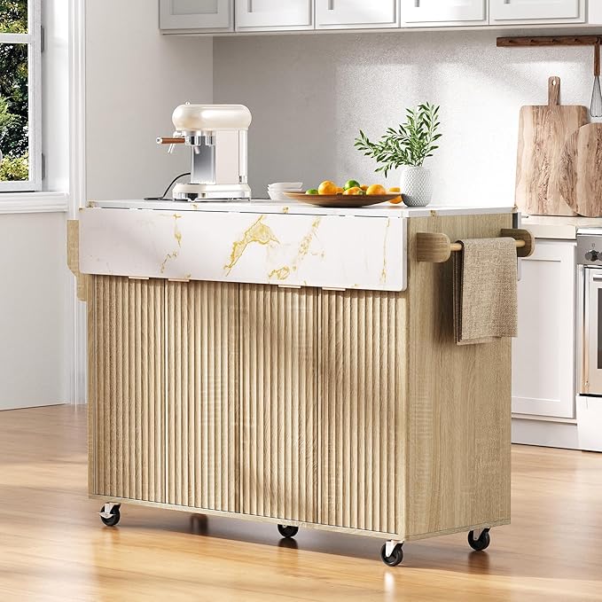 Modern Dining Table Kitchen Island with 2 Drop, Cart Power Outlet, 4 Doors Spice Rack, Rolling Table Faux Marble Top, Curved Edge Wood Console,Natural-MDF
