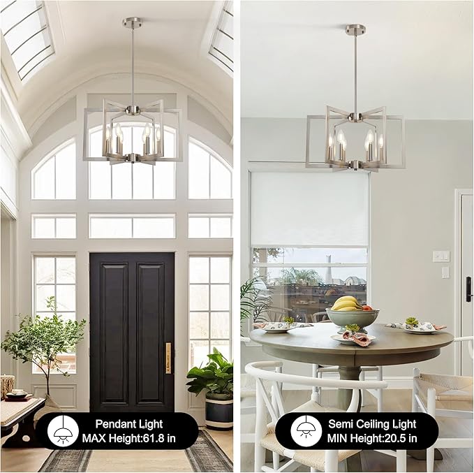 Sigaitwei 6-Light Modern Metal Geometric Chandelier，Kitchen Island Brushed Nickel Lighting Fixtures，Entryway Light Fixture Hanging Brushed Nickel，Farmhouse for Dining Room Chandelier