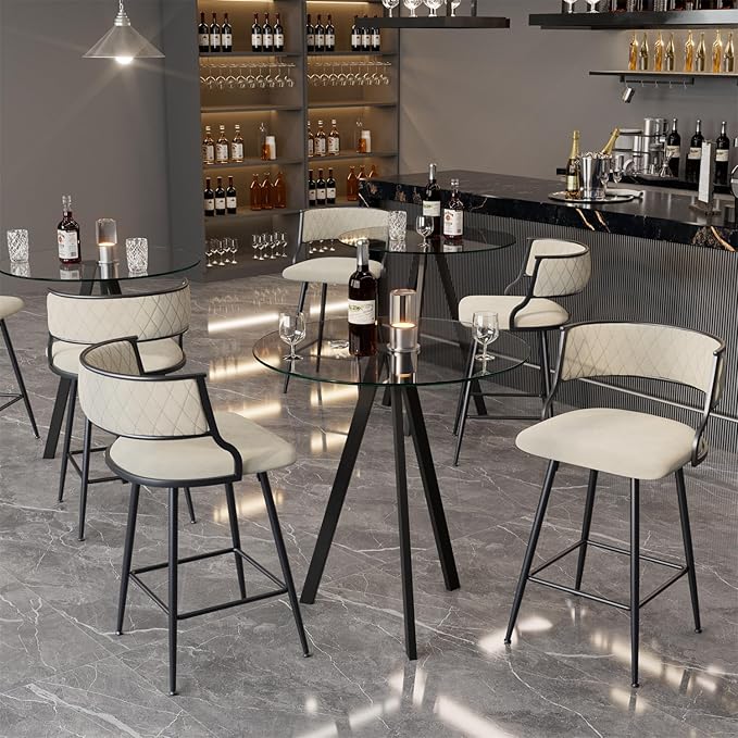 Modern Glass High Top Bar Table Set for 2, Bar Stools Island Chairs, Clear Round Pub Tall Table with Faux Leather Counter Height Padded Stools for Home Bar Dinning Room Kitchen (Beige)