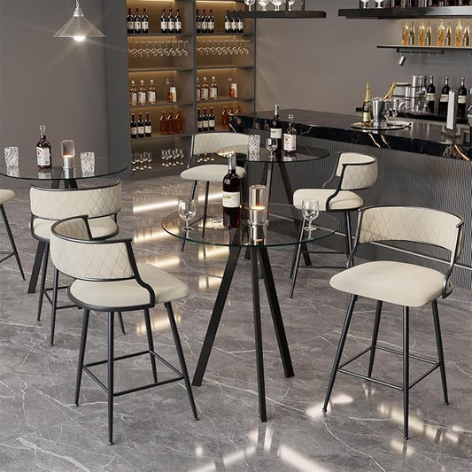 Modern Glass High Top Bar Table Set for 2, Bar Stools Island Chairs, Clear Round Pub Tall Table with Faux Leather Counter Height Padded Stools for Home Bar Dinning Room Kitchen (Beige)