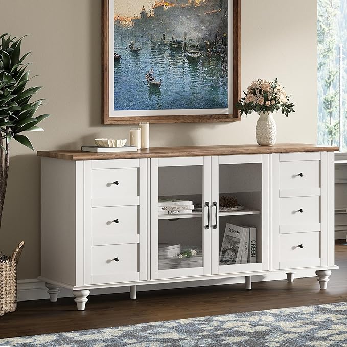 WAMPAT Sideboard Buffet Cabinets with Glass Door, Kitchen Storage Cabinets, Wood Coffee Bar Tables, Accent Sideboard Storage Cabinet Table Dining Room, Living Room, Off White