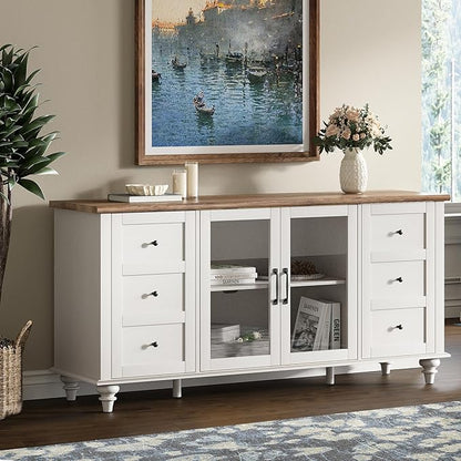 WAMPAT Sideboard Buffet Cabinets with Glass Door, Kitchen Storage Cabinets, Wood Coffee Bar Tables, Accent Sideboard Storage Cabinet Table Dining Room, Living Room, Off White