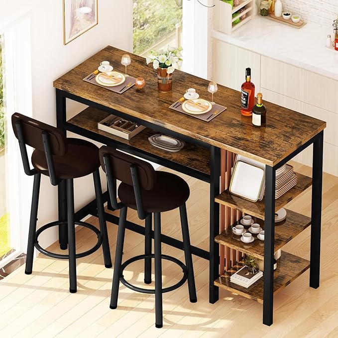 DKLGG Bar Table and Chairs Set for 2, 3-Piece Counter Height Dining Table with Stools, Hightop Kitchen Island Table with Storage Shelves for Kitchen, Bar, Pub, Bistro