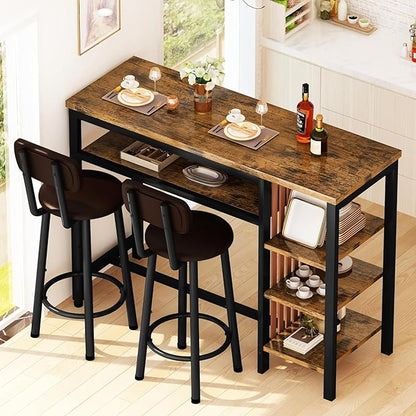 DKLGG Bar Table and Chairs Set for 2, 3-Piece Counter Height Dining Table with Stools, Hightop Kitchen Island Table with Storage Shelves for Kitchen, Bar, Pub, Bistro
