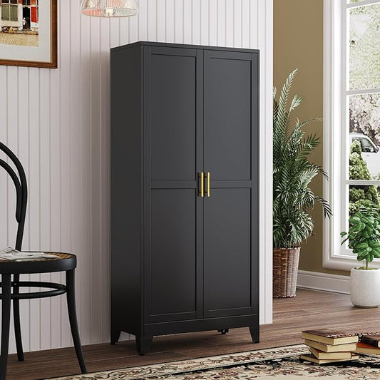 PAOFIN Metal Kitchen Pantry Storage Cabinet with 2 Doors and 3 Adjustable Shelves,Pantry Cabinet with Adjustable Leveling Foot for Kitchen, Living Room, Dining Room（Black）