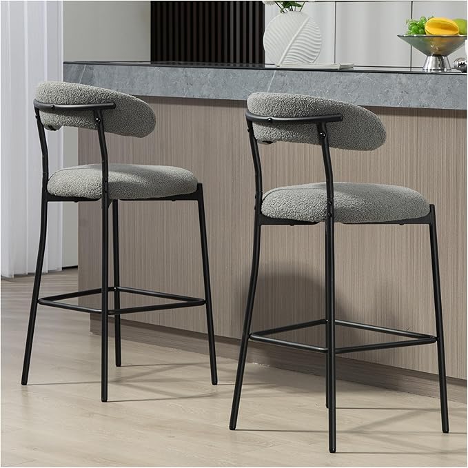 26'' Counter Height bar stools Teddy Fabric Cover Kitchen Island Counter Stool with Black Powder Coating Base and footrest