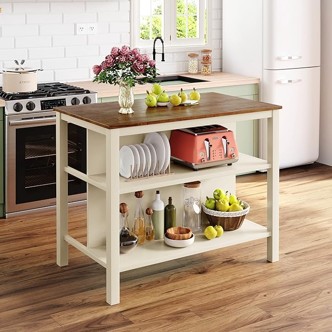 Kitchen Island with Seating for 2, 3 Piece Counter Height Dining Table Set with Storage, Farmhouse Wood Bar Table with Stools, Small Breakfast Dinner Table & Chairs, Walnut+Cream White