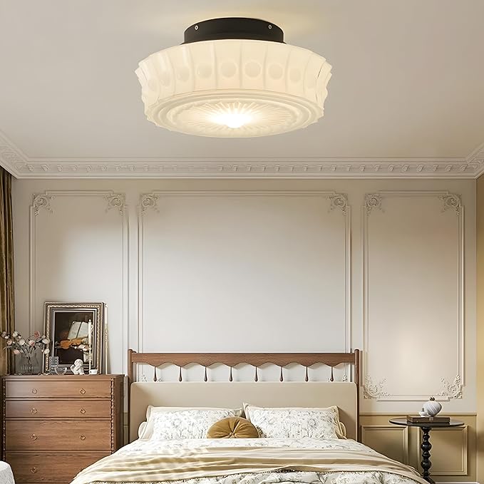 Bofea-Cream Glass Semi Flush Mount Ceiling Light Creative Sunflower Ceiling Light Fixture,Vintage Black Flush Mount Ceiling Lamp,Mid Century Ceiling Lighting for Bedroom,Hallway,Schoolhouse Kitchen.
