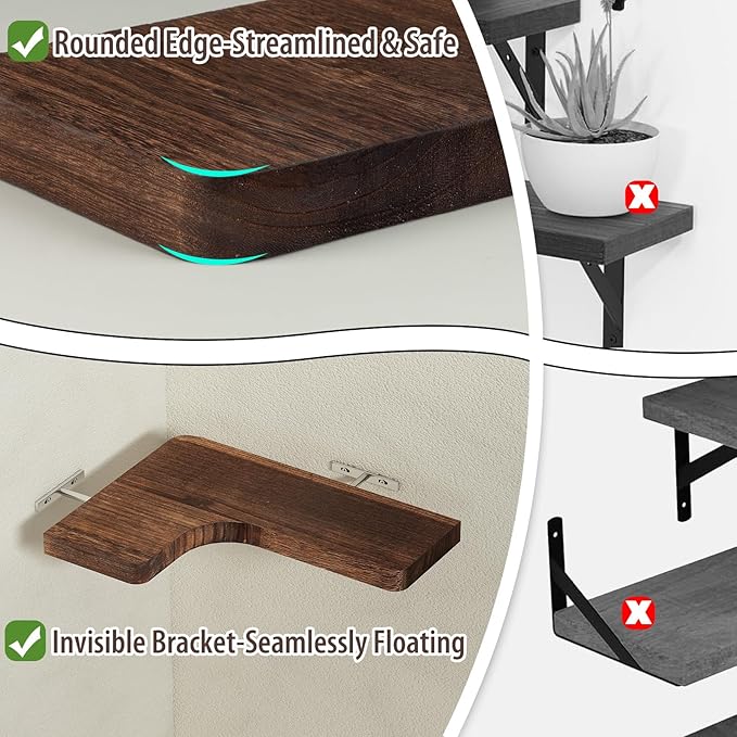 SAUMONIERES Corner Floating Shelves Wall Mount Shelf Solid Wood for Bedroom Bathroom Room Kitchen Storage Set of 3, Rustic Brown, Invisible Brackets