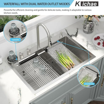 Kichae Drop In Kitchen Sink Waterfall - 33x22 Workstation Kitchen Sink Waterfall Stainless Steel 16 Gauge Luxury Handmade Single Bowl Drop Sinks with Faucet Combo & Glass Rinser