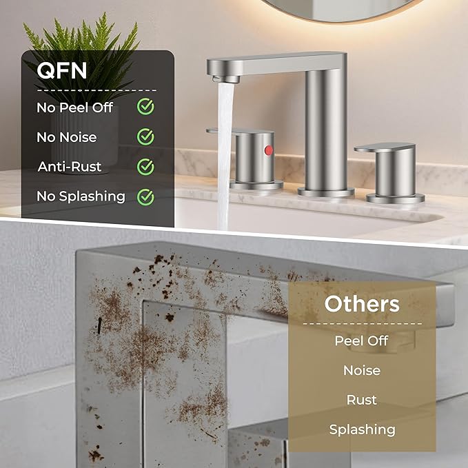 QFN Brushed Nickel Bathroom Faucets 3 Hole, 8 inch Widespread Bathroom Faucet with Pop Up Drain and 24" cUPC Supply Hoses, Lead-Free Two Handles Suitable for 6-12 Inch RV, Restroom, Vanity Sink