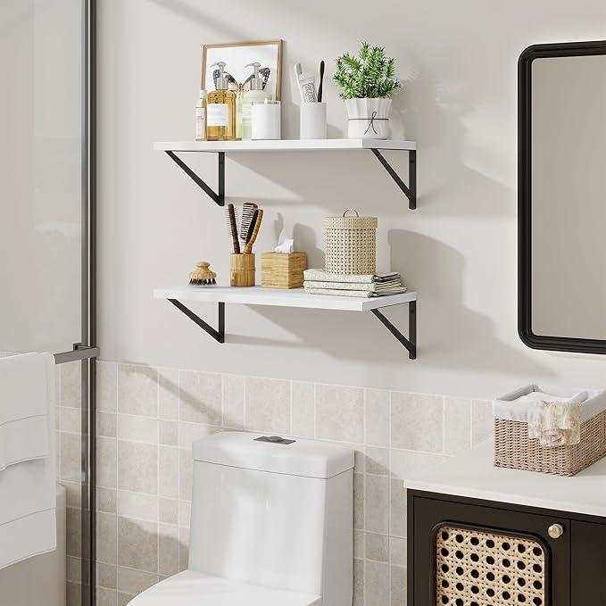 Acovy Deep Floating Shelves,24" Wx10 D Floating Shelf for Wall Set of 2,Hanging Storage Shelf with Metal Brackets,Wide Display Wall Shelves for Living Room,Bedroom,Bathroom,Kitchen,White
