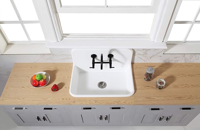 Kingston Brass GKTA3020198 Arcticstone 30-Inch Solid Surface Top-Mount Kitchen Sink with Backsplash, Matte White
