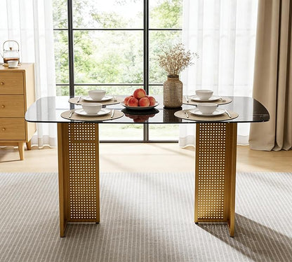 51" Black Marble Dining Table, 4-6 Person Modern Kitchen Dining Room Tables with Marble Pattern Tempered Glass Top and Golden Hollow-Out Metal Base, Space Saving Rectangle Dinner Table for Home