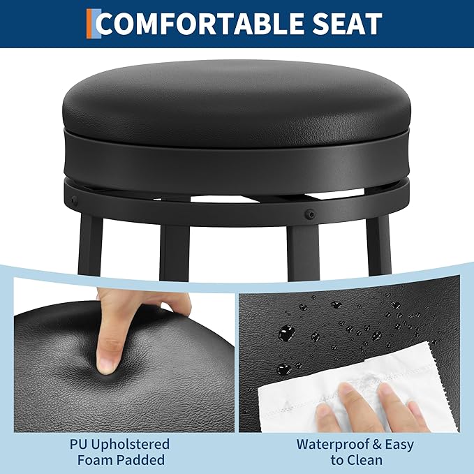 GAOMON 30 inch Swivel Bar Stools Set of 2, Counter Height Barstool with Footrest and PU Leather Upholstery, Metal Frame, Kitchen Barstools for Kitchen Island, Home Bar, Black