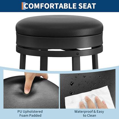 IDEALHOUSE 30'' Swivel Bar Stools Set of 2 with Footrest, Modern Counter Height Barstools with PU Leather Upholstered and Metal Frame, Backless Round Bar Stools for Kitchen Island, Black