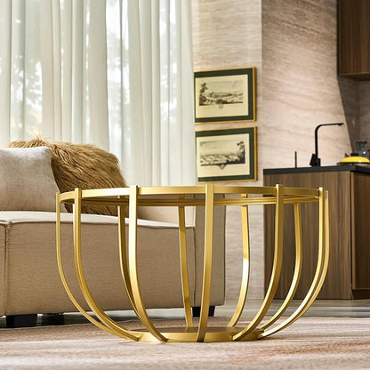 Saint Mossi 30" Glass Round Coffee Table for Living Room, Mid Century Modern 2-Tier Gold Drum Center Table, Brown Glass Top, Walnut Shelf with Gold Finish Legs & Frame, W30xH16.5