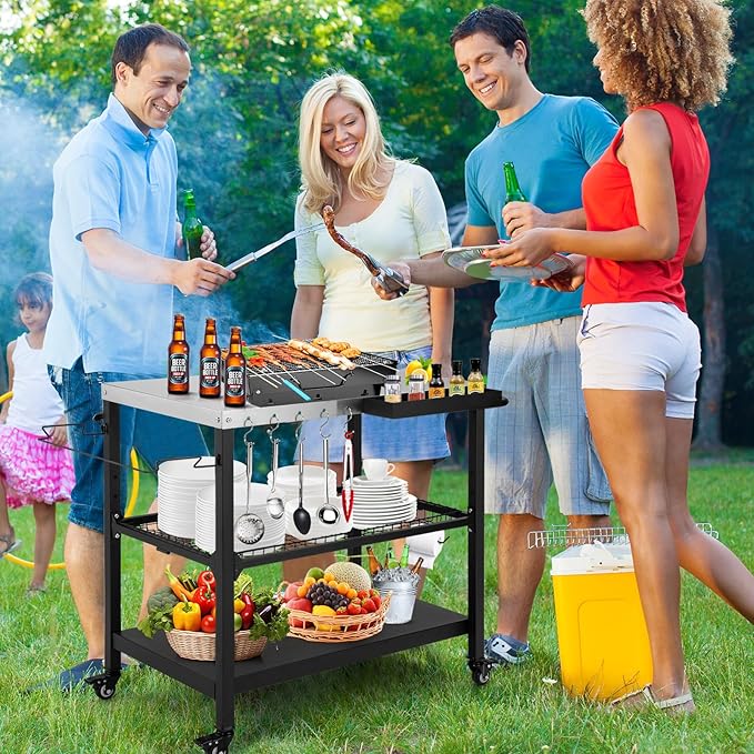 Outdoor Grill Cart,36 Inch Stainless Steel Pizza Oven Table with Lockable Wheels, Hooks & Adjustable Mesh, Metal Kitchen Cart Island, Black(36.2'' D x 19.6''W x 31.4''H)
